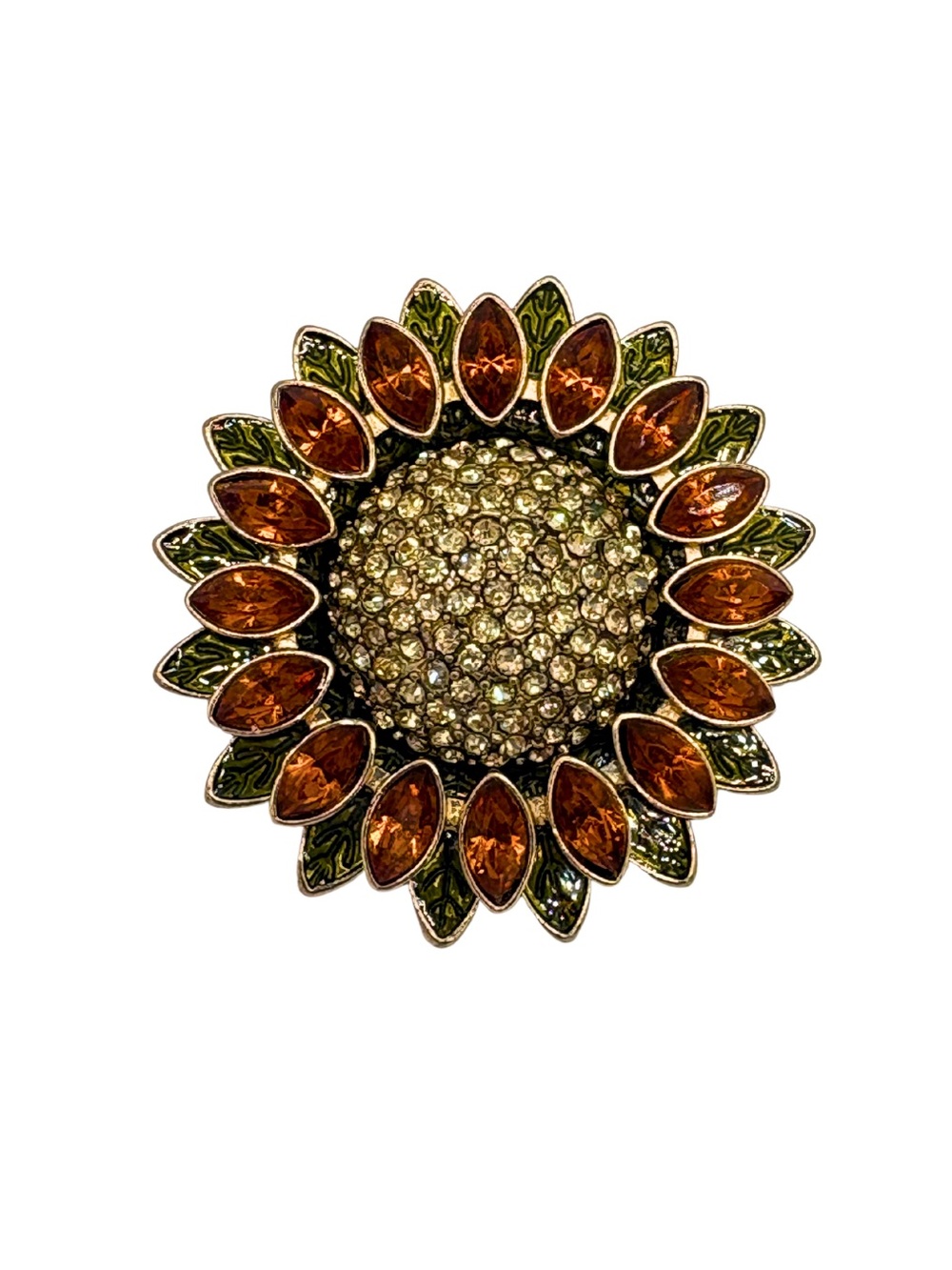 Vintage NAPIER Sunflower Brooch Pin Amber Rhinestone Green Enamel Gold Tone 2"